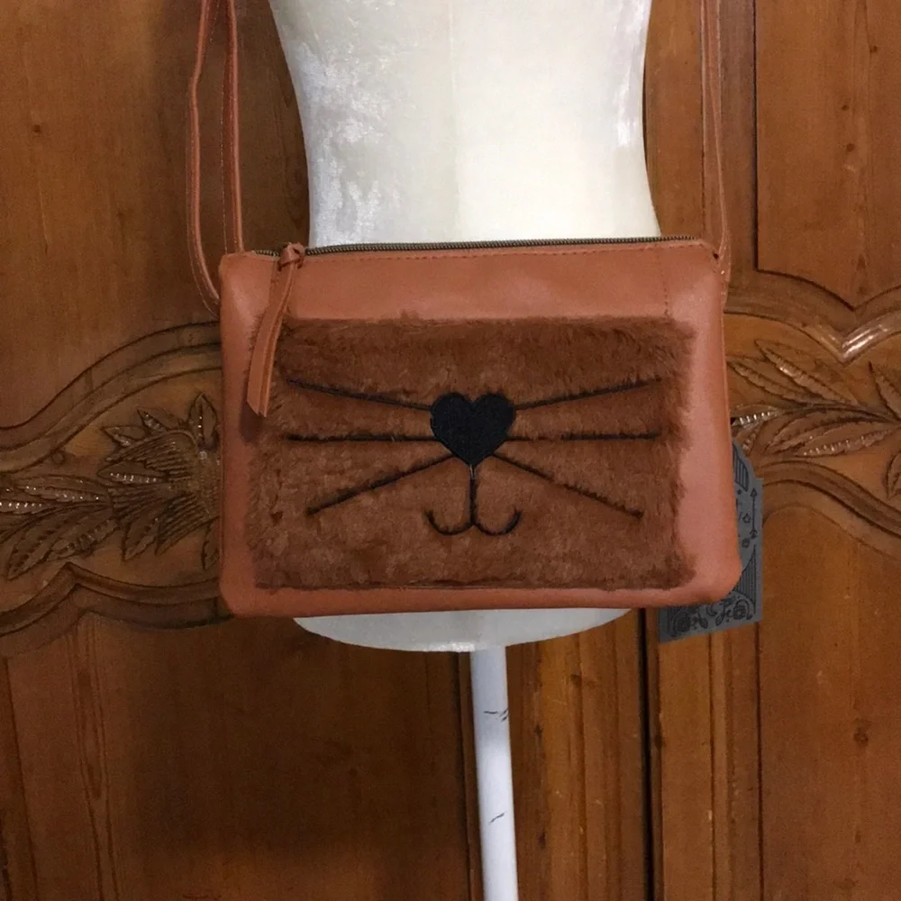 Leather (faux) Crossbody with Furry Face Detail